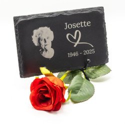 Plaque funéraire rectangle  ardoise naturelle personnalisée avec photo 11x16 cm