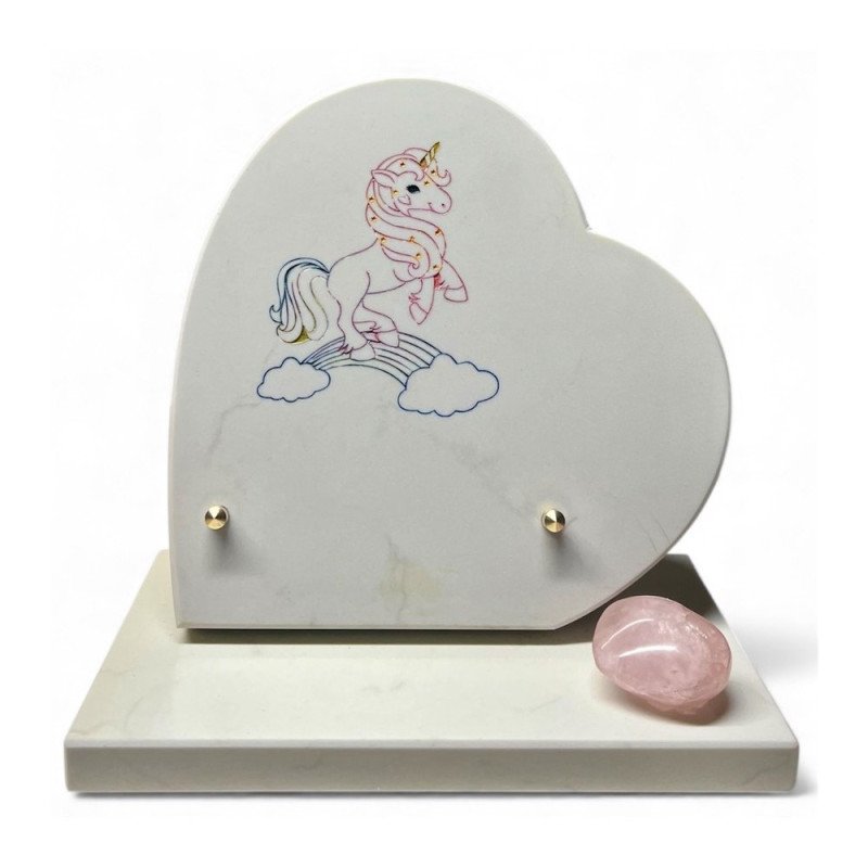 Plaque funéraire cœur en granit naturel "licorne" 20x20 cm