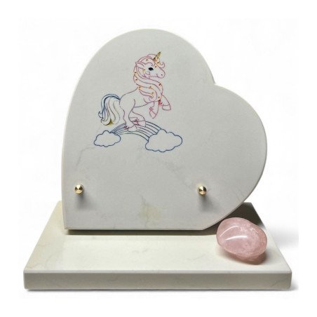 Plaque funéraire cœur en granit naturel "licorne" 20x20 cm