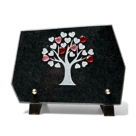 Plaque funéraire rectangle en granit naturel arbre et cœur 20x15 cm gravée au laser, 1 inter funéraire, pour tombe ou stèle