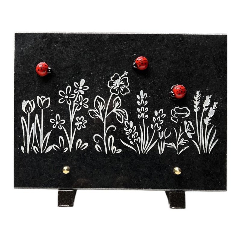 Plaque funéraire rectangle en granit naturel "coccinelles" 25x18 cm