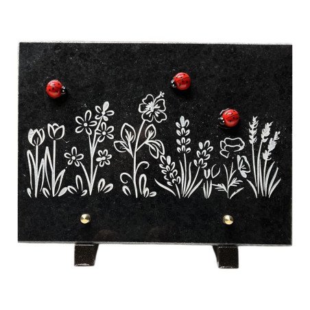 Plaque funéraire rectangle en granit naturel "coccinelles" 25x18 cm