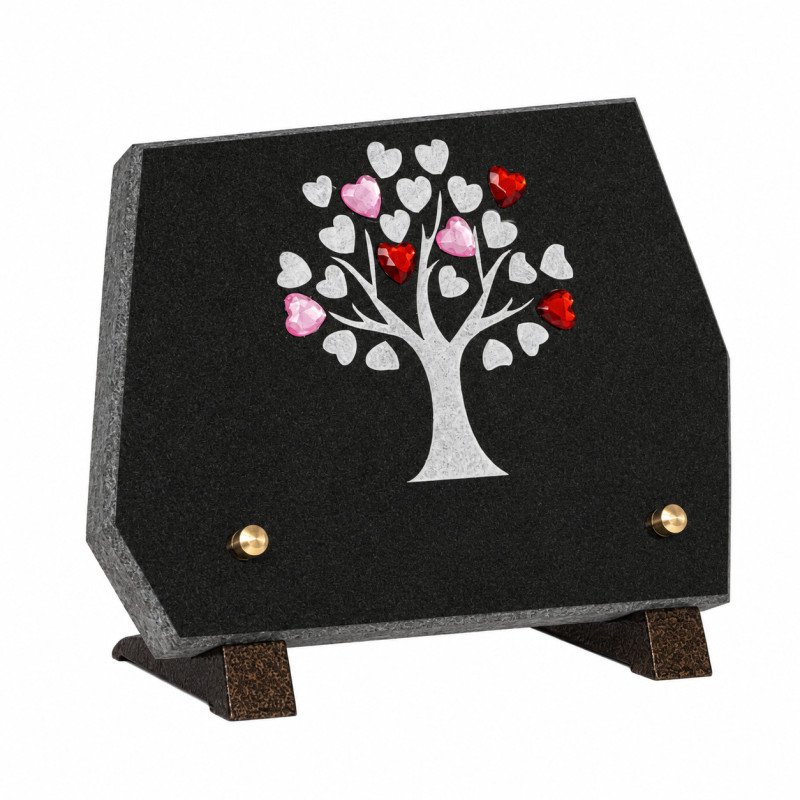 Plaque funéraire rectangle en granit naturel arbre et cœur 20x15 cm gravée au laser, 1 inter funéraire, pour tombe ou stèle