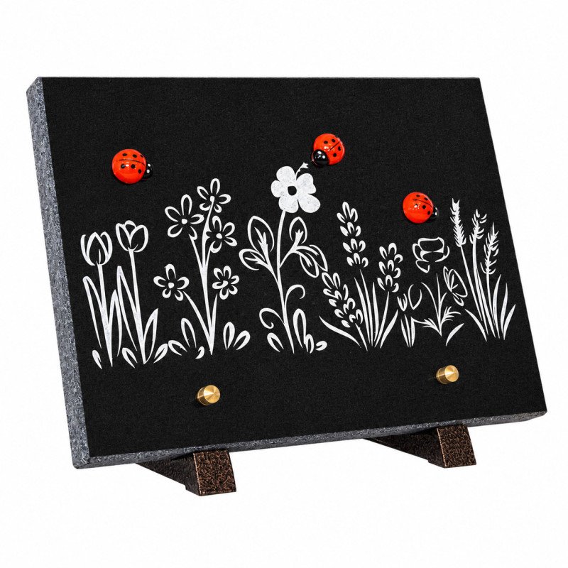 Plaque funéraire rectangle en granit naturel "coccinelles" 25x18 cm