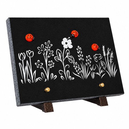 Plaque funéraire rectangle en granit naturel "coccinelles" 25x18 cm