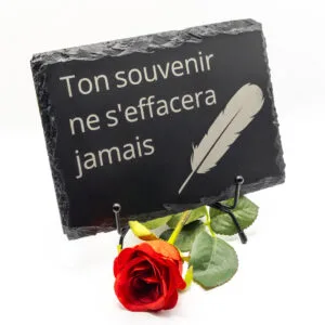 Petite plaque funéraire en ardoise personnalisée rectangulaire avec plume 14x19 cm