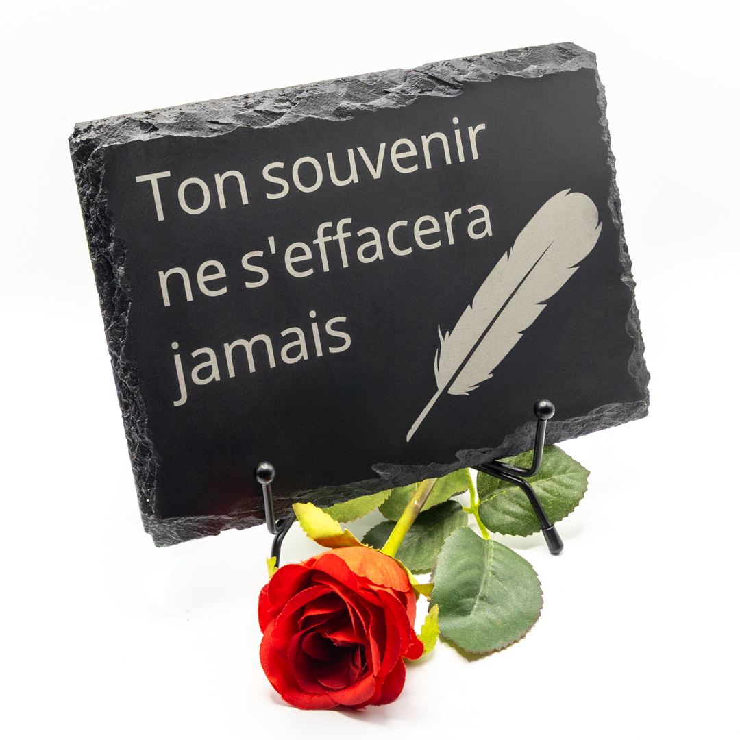 Petite plaque funéraire en ardoise personnalisée rectangulaire avec plume 14x19 cm