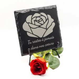 Petite plaque funéraire en ardoise personnalisée carrée avec une rose 16x16 cm