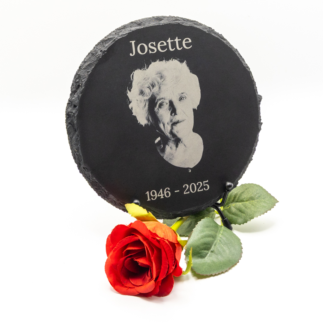 Petite plaque funéraire en ardoise personnalisée ronde avec photo diamètre 16 cm