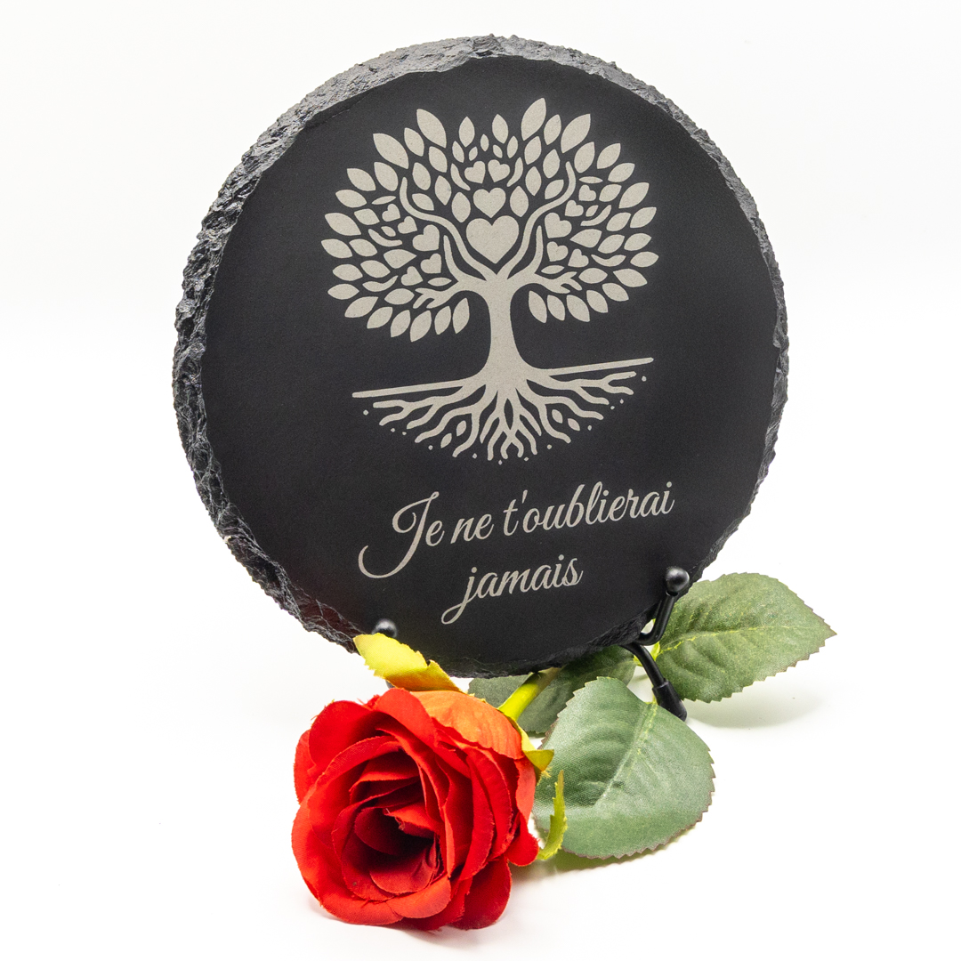 Petite plaque funéraire en ardoise personnalisée ronde avec un arbre de vie de diamètre 16 cm